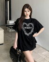 全2色 Tシャツ カットソー 五分 七分 半袖 プリント 切り替え 体型カバー LOGO ロゴ 英字 原宿系ファッション 韓国風 ダンス 衣装 ダンサー ヒップ...