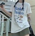 全2色 Tシャツ カットソー 五分 七分 半袖 プリント 切り替え 体型カバー LOGO ロゴ 英字 ヴィンテージ風 レトロ調 原宿系ファッション 韓国風 ダン...