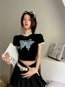 全2色 Tシャツ カットソー 五分 七分 半袖 ショート丈 レースアップ 編みあげ 引き紐 切り替え スリム 原宿系ファッション 韓国風 ダンス 衣装 ダンサー...