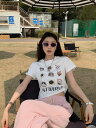 全2色 Tシャツ カットソー 五分 七分 半袖 ショート丈 プリント 切り替え スリム 原宿系ファッション 韓国風 ダンス 衣装 ダンサー ヒップホップ HIP...
