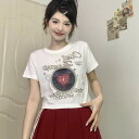 全2色 Tシャツ カットソー 五分 七分 半袖 ショート丈 プリント 切り替え 体型カバー 原宿系ファッション 韓国風 ダンス 衣装 ダンサー ヒップホップ H...