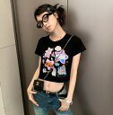 全2色 Tシャツ カットソー 五分 七分 半袖 プリント ショート丈 切り替え スリム 原宿系ファッション 韓国風 ダンス 衣装 ダンサー ヒップホップ HIP...