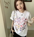 全2色 Tシャツ カットソー 五分 七分 半袖 プリント 切り替え バイカラー 配色 体型カバー 原宿系ファッション 韓国風 ダンス 衣装 ダンサー ヒップホップ HIPHOP 個性 奇抜 かわいい 青文字系 トップス レディース 女