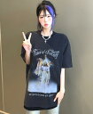 Tシャツ カットソー 五分 七分 半袖 プリント 切り替え 体型カバー ヴィンテージ風 レトロ調 原宿系ファッション 韓国風 ダンス 衣装 ダンサー ヒップホッ...