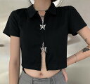Tシャツ カットソー 五分 七分 半袖 ショート丈 切り替え スリム ファスナー付 ジップ 原宿系ファッション 韓国風 ダンス 衣装 ダンサー ヒップホップ HIPHOP 個性 奇抜 かわいい 青文字系 トップス レディース 女