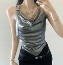 タンクトップ アシンメトリー 不規則 切り替え スリム 着痩せ シンプル ファッション トップス カットソー レディース 女