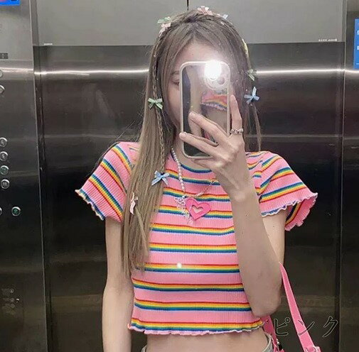 半袖　トップス　カットソー　Tシャツ　ハート　刺繍　カラフル　ダンス　衣装　ヒップホップ　HIPHOP　レディース　ガールズ　ストリート　個性的　奇抜