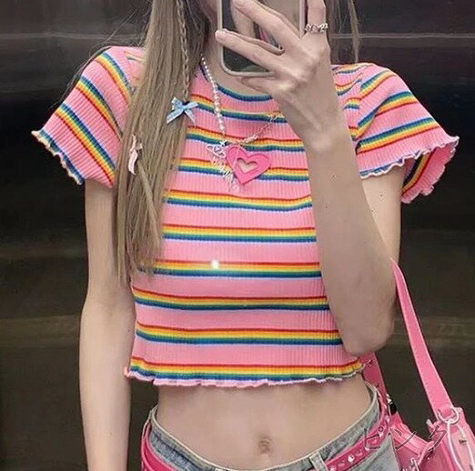 半袖　トップス　カットソー　Tシャツ　ハート　刺繍　カラフル　ダンス　衣装　ヒップホップ　HIPHOP　レディース　ガールズ　ストリート　個性的　奇抜