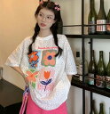 半袖 トップス カットソー Tシャツ 花型 チューリップ カラフル ホワイト ビッグ ゆったり ダンス 衣装 ヒップホップ HIPHOP レディース ガールズ ...