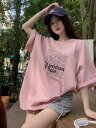 半袖 五分袖 プリント レトロ トップス カットソー Tシャツ ビッグ ゆったり ピンク 黒 ブラック ダンス 衣装 ヒップホップ HIPHOP レディース メ...