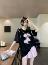 半袖 五分袖 プリント レトロ トップス カットソー Tシャツ ビッグ ゆったり ピンク 黒 ブラック 花柄 ダンス 衣装 ヒップホップ HIPHOP レディース ガールズ ストリート 個性的 奇抜 韓国(4)
