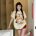 半袖 五分袖 プリント ネコ トップス カットソー Tシャツ ビッグ ゆったり ホワイト 白 ベージュ ダンス 衣装 ヒップホップ HIPHOP レディース メ...