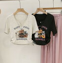 全2色 半袖 五分袖 プリント ネコ トップス カットソー Tシャツ 短い 短め ベージュ ボタン ダンス 衣装 ヒップホップ HIPHOP レディース ガー...