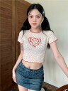 トップス Tシャツ カットソー 半袖 五分袖 花柄 ハート 短い 短め レッド ホワイト ダンス 衣装 ヒップホップ HIPHOP レディース ガールズ スト...