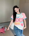 レトロ プリント ロゴ Tシャツ 半袖 五分袖 トップス カットソー ピンク ブルー カラフル ゆったり ダンス 衣装 ヒップホップ HIPHOP レディース ガールズ 大きい ビッグロゴ ストリート 服 奇抜 個性的 韓国(4)