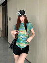 半袖 五分袖 マーブル トップス カットソー Tシャツ 透け感 インナー 薄手 グリーン 緑 ダイダイ ダンス 衣装 ヒップホップ HIPHOP レディース ...