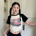 全2色 ♪2色展開♪レトロ プリント Tシャツ 半袖 五分袖 トップス カットソー ピンク グレー 切替 旧車 ダンス 衣装 ヒップホップ HIPHOP レディ...