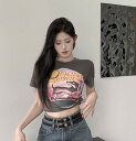 全3色 ♪3色展開♪レトロ プリント Tシャツ 半袖 五分袖 トップス カットソー 短い 短め へそ出し ピンク ブラック 黒 グレー 犬 動物 ダンス 衣...