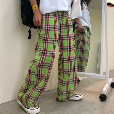 【グリーンXL/1点即納】韓国 ファッション チェック柄 サルエルパンツ カラフル 男女兼用 カジュアル 派手 カワ な 服 個性的 ダンス 衣装 かわいい 奇抜 青文字系 原宿系 ボトム