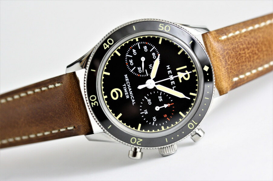 HEMEL ヘメル 70'sアビエーション 手巻きクロノグラフ腕時計 パイロットウォッチ ミリタリーウォッチ Air Defense ツーカウンタークロノグラフ