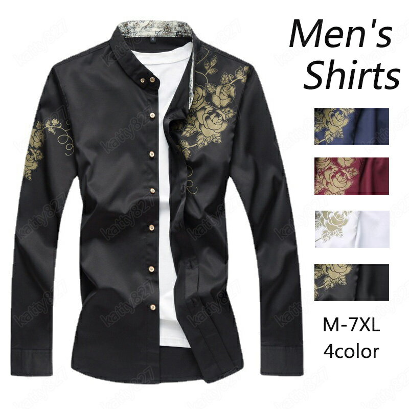 乐天商城 - 2026 長袖 柄シャツ メンズ xa056-2682 カジュアルシャツ タイト 長袖シャツ ワイシャツ カラーシャツ トップス メンズファッション ホワイト ネイビー ブラック レッド キレイめ 秋 冬 春 夏 長袖 花柄 シャツ カジュアルシャツ