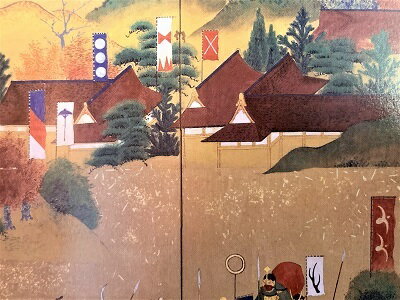 [完成品]　長谷堂合戦屏風絵　長谷堂城　ケース付き　ミニサイズ　直江兼続　日本の城　お城　ジオラマ　模型　プラモデル　城郭模型　屏風画　合戦図屏風