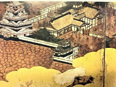 [完成品]　築城図屏風絵　天下普請の城　ケース付き　ミニサイズ　徳川家康　日本の城　お城　ジオラマ　模型　プラモデル　城郭模型　屏風画　合戦図屏風