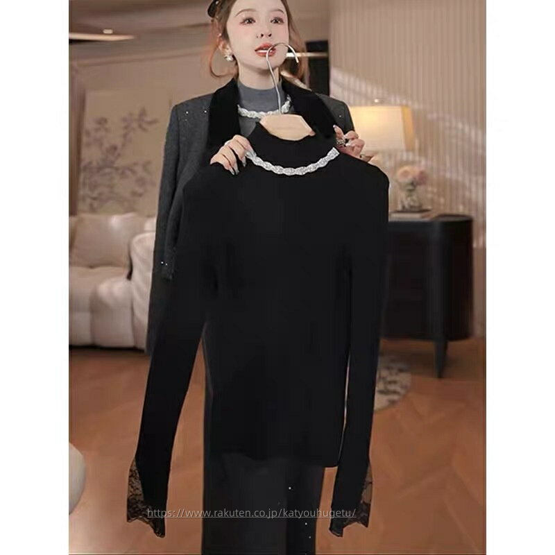 【送料無料】ハーフタートルネックニット レディース 秋冬 フランス風 袖レース ドリルネック スリム ..