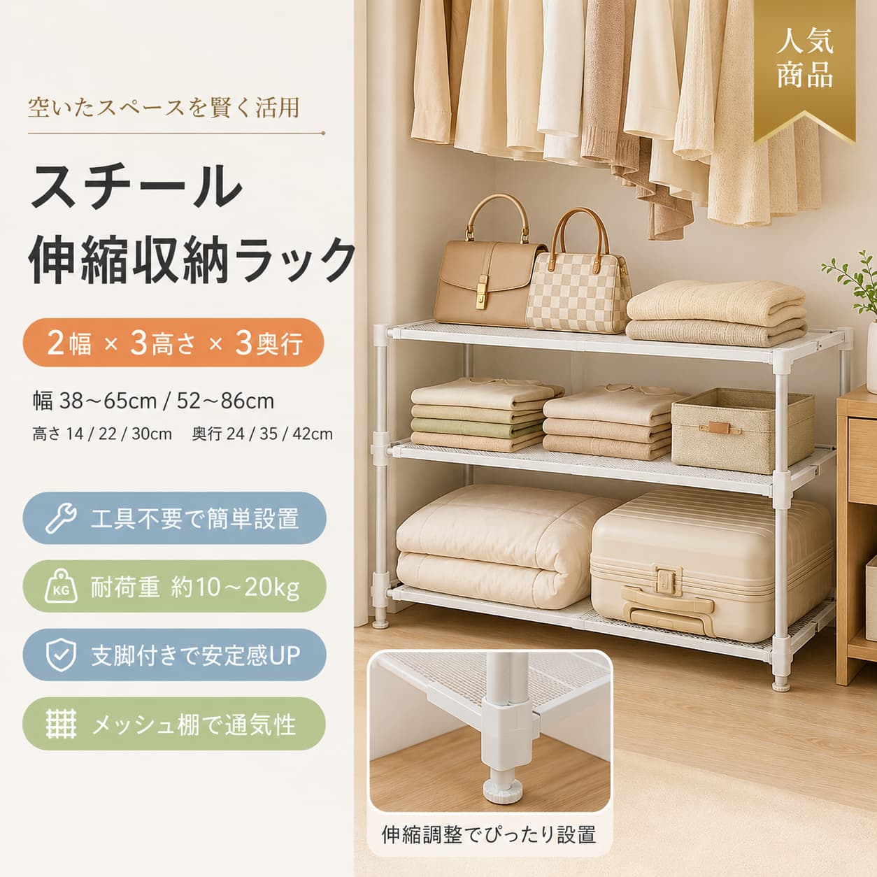 Rakuten - 【6月限定★最大1,500円OFF＆10%OFFクーポン配布中】伸縮ラック スチール 収納棚 積み重ね 幅38-86cm 押し入れ クローゼット シンク下 キッチンラック 省スペース 防水 整理棚 ホワイト 奥行24 35 42cm 高さ14 22 30cm