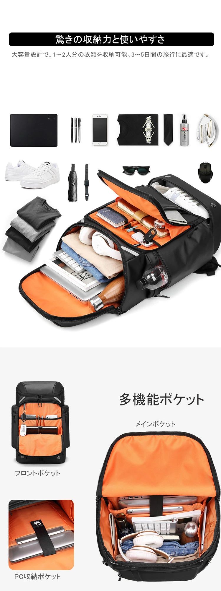 大容量リュック メンズ 45L リュックサック パソコン収納バックパック 旅行用バックパック 通学リュック 大容量 防災避難 撥水仕様 機内持ち込み 防犯 軽量旅行用 通勤 ビジネスリュック 出張旅行バッグ アウトドア用リュック 帰省用 バックパック katyouhugetu-10144809 毎日の雑貨屋さん サンプル画像2