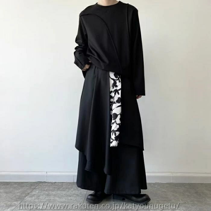 【送料無料】オーバーサイズ ワイドシルエト ルーズパンツ ビッグシルエット スカーチョ ワイドレッグパンツ モノクロフラワー ワイドパンツ