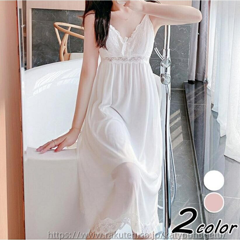 【送料無料】上品 レディース パジャマ ロング丈ナイトロープ パッド付き 白レースネグリジェ キャミワ..