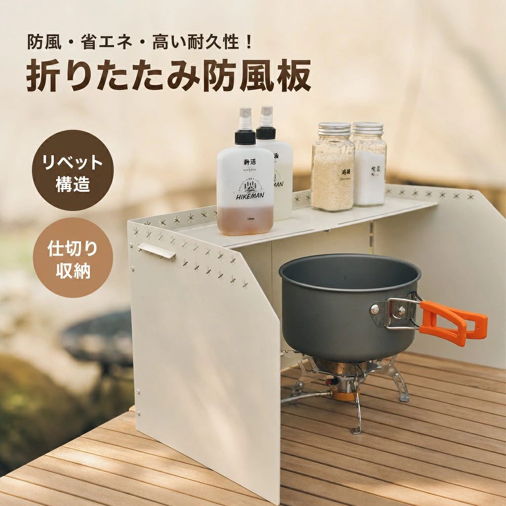 ショップ 激安中村商店gekiyasunakamura 商品詳細仕様 ■商品名:卓上折りたたみ防風板 ■材質:鉄 ■カラー:アイボリー、ブラック、グリーン ■展開サイズ:45cm × 25cm × 24.6cm ■折りたたみサイズ:25cm × 24.6cm ■重量:1.88kg 特徴 ◆強火力キープ！風に負けず安定燃焼 ◆防風・省エネ設計で効率よく調理 ◆テーブルトップ収納で便利に使える ◆四折り防風板で多様なスタイル対応 ◆高温に強い鋳鉄素材で耐久性抜群 ◆リベット構造で折りたたみ＆収納簡単 注意 ★産地：Made in CHINA ★商品は簡易包装でお送り致します。 ▼お使いのモニターによっては、実際の色と若干異なって見える場合があります。 ★ 製造時期によりデザインや仕様に若干の変更がある場合がございます。ご了承ください。 ▼実寸は素人採寸ですので、多少の誤差はご了承願います。 ▼この商品は当店実店舗でも販売しております。在庫数の更新は随時行っておりますが、 お買い上げいただいた商品が、品切れになってしまうこともございます。 その場合、お客様には必ず連絡をいたしますが、万が一入荷予定がない場合は、 キャンセルさせていただく場合もございますことをあらかじめご了承ください。