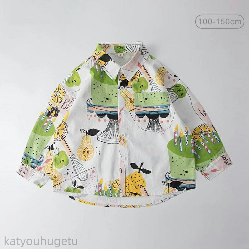 【時間限定10%OFFク一ポン】送料無料 子供服 長袖シャツ キッズ 長袖 シャツ 綿100％ カジュアルシャツ 男の子 女の子 ガール ボーイ 子ども服 子供ウェア 春秋服 胸ポケット 100cm 110cm 120cm 130cm 140cm 150cm プリント 緑リンゴ ケーキ 梨柄 楽天海外通販