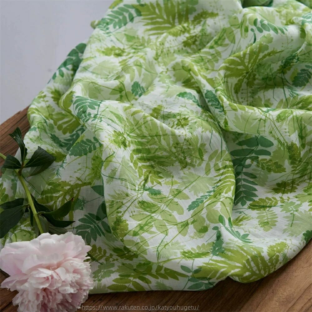 【時間限定10%OFFク一ポン】送料無料 130cm幅 90cm単位 苧麻 生地 布 布地 からむし デジタルプリント きじ ぬの 手作り生地 服地 裁縫 DIY用生地 手芸用 ハンドメイド向け 葉柄 植物柄 緑葉 白底 楽天海外通販