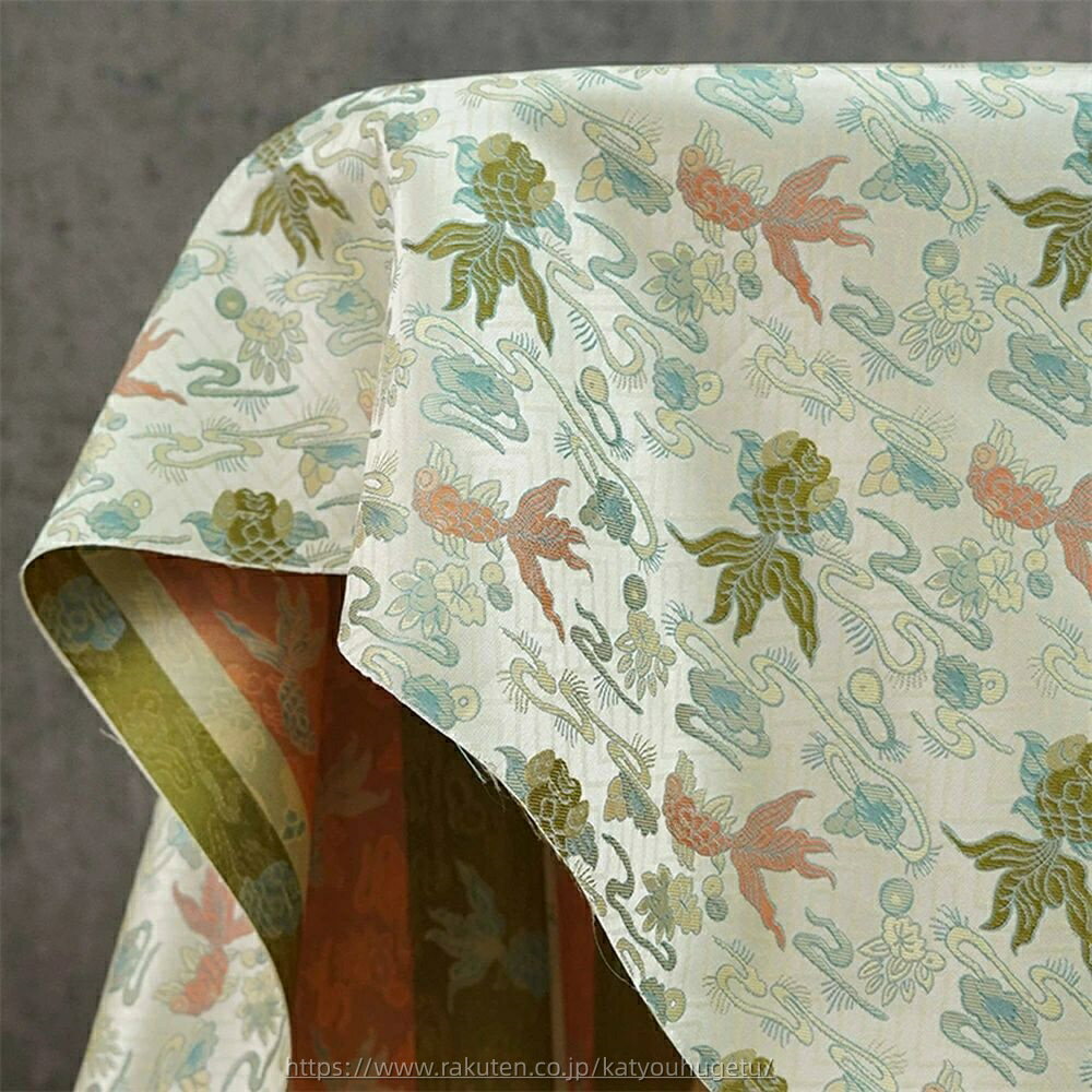 【時間限定10%OFFク一ポン】送料無料 160cm幅 90cm単位 ジャカード生地 生地 布 布地 色織り生地 花柄 金魚柄 グリーン 楽天海外通販