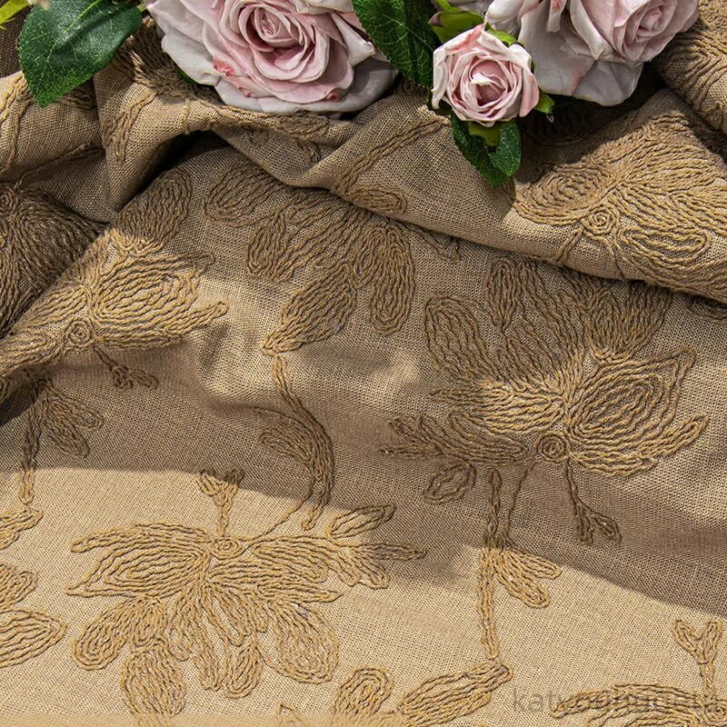 【時間限定10%OFFク一ポン】送料無料 130cm幅 85cm単位 刺繍生地 生地 布 布地 刺繍布 綿麻生地 花柄 蓮の花 黒 杏色 ブラウン 楽天海外通販