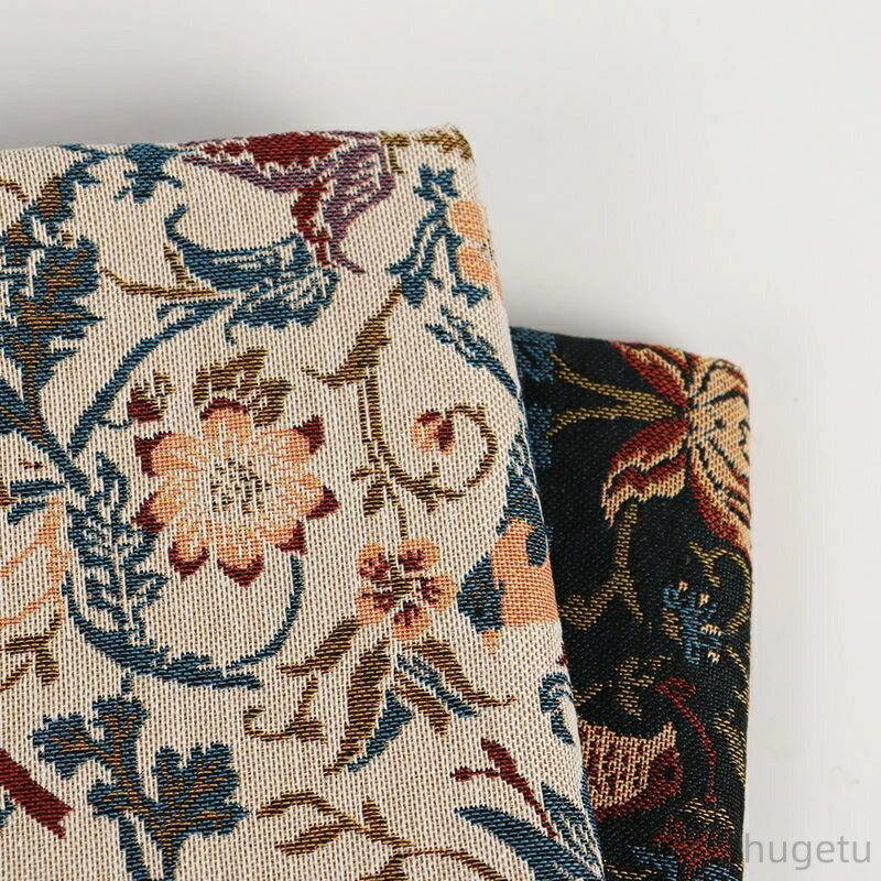 【時間限定10%OFFク一ポン】送料無料 143cm幅 90cm単位 ジャカード生地 生地 布 布地 色織り生地 やや厚手 混紡 花鳥柄 アイボリー 黒 楽天海外通販