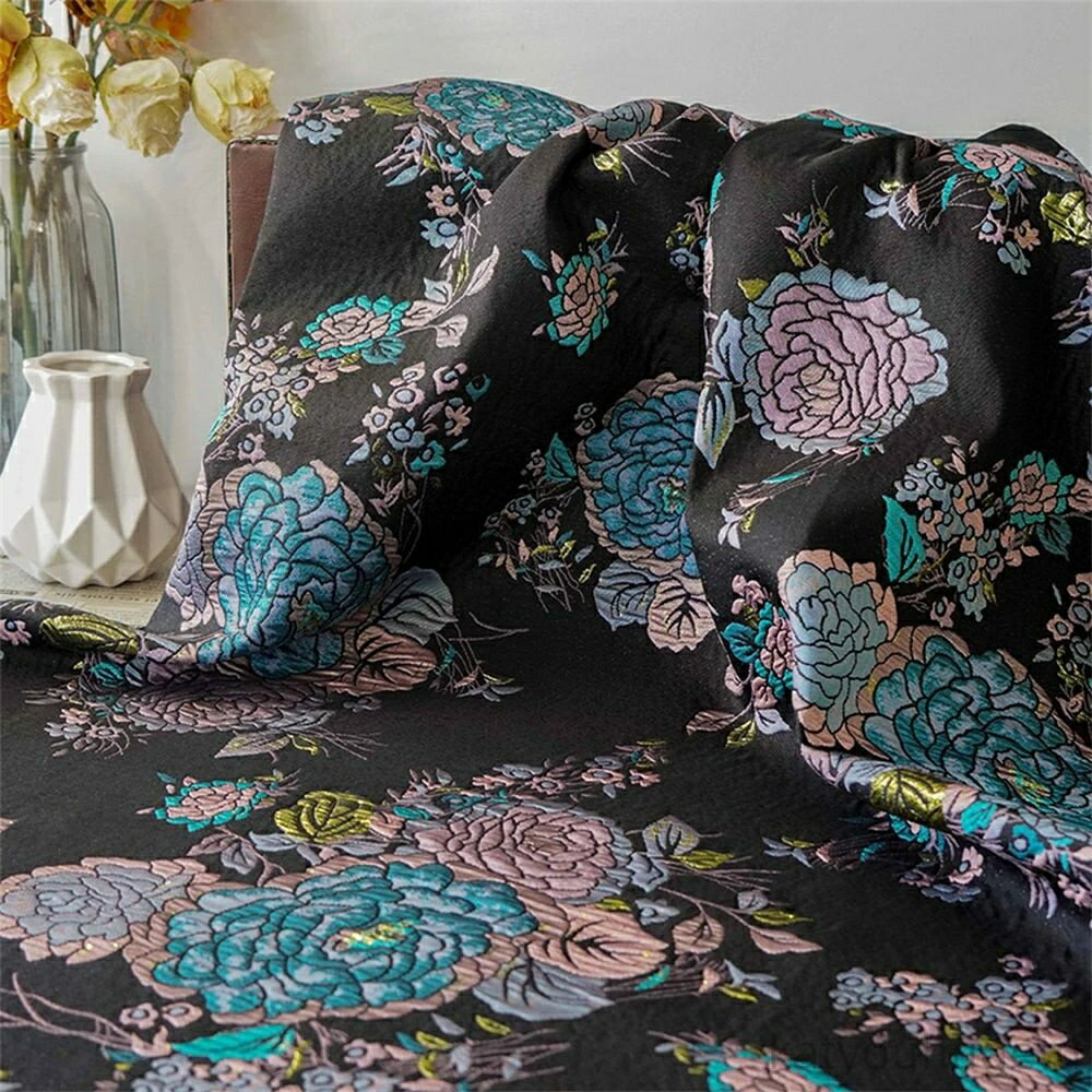 【時間限定10%OFFク一ポン】送料無料 142cm幅 90cm単位 ジャカード生地 生地 布 布地 色織り生地 花模様 黒 ブルー ピンク 楽天海外通販