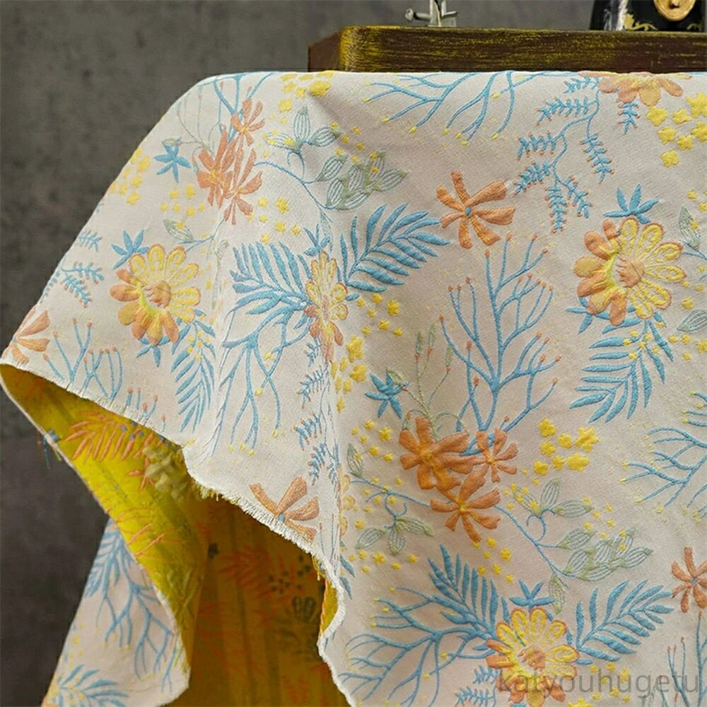 【時間限定10%OFFク一ポン】送料無料 157cm幅 90cm単位 ジャカード生地 エンボス生地 浮き彫り生地 生地 布 布地 色織り生地 花柄 イエロー オレンジ ブルー 楽天海外通販