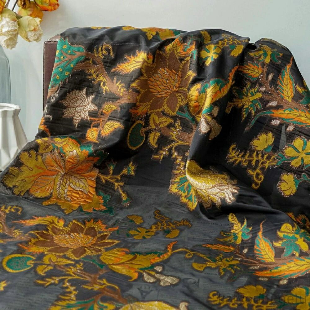 【時間限定10%OFFク一ポン】送料無料 140cm幅 90cm単位 ジャカード生地 生地 布 布地 色織り生地 花柄生地 黒 ゴールド やや透明 楽天海外通販