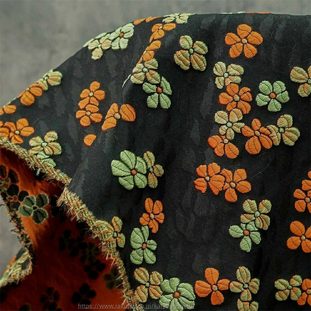 【時間限定10%OFFク一ポン】送料無料 143cm幅 90cm単位 ジャカード生地 エンボス生地 浮き彫り生地 生地 布 布地 色織り生地 花柄生地 黒 オレンジ 楽天海外通販