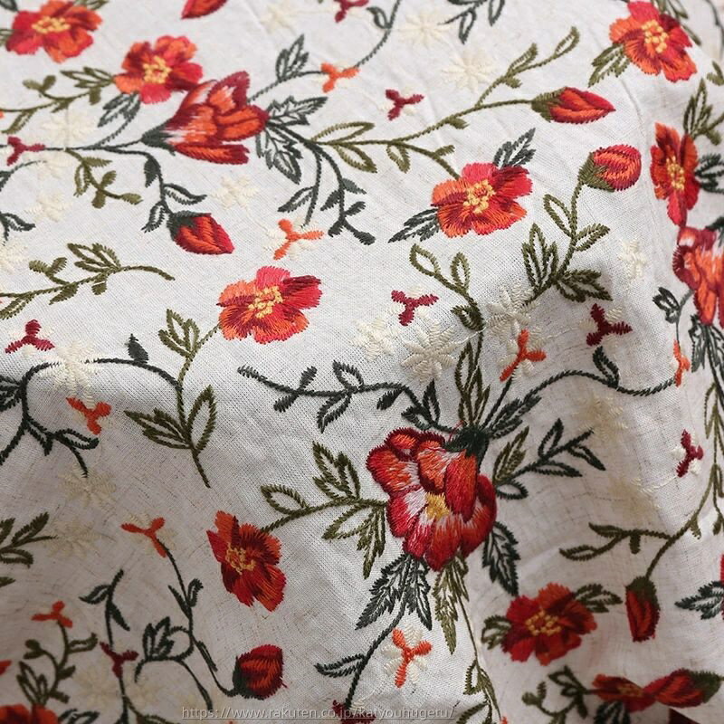 【時間限定10%OFFク一ポン】送料無料 125cm幅 90cm単位 刺繍生地 生地 布 布地 刺繍布 綿麻生地 花柄 赤 レッド 楽天海外通販