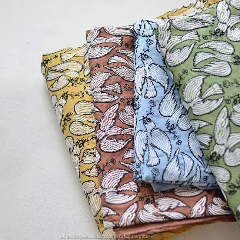 【時間限定10%OFFク一ポン】送料無料 125cm幅 90cm単位 刺繍生地 生地 布 布地 刺繍布 綿麻生地 海燕柄 オリーブの枝柄 楽天海外通販