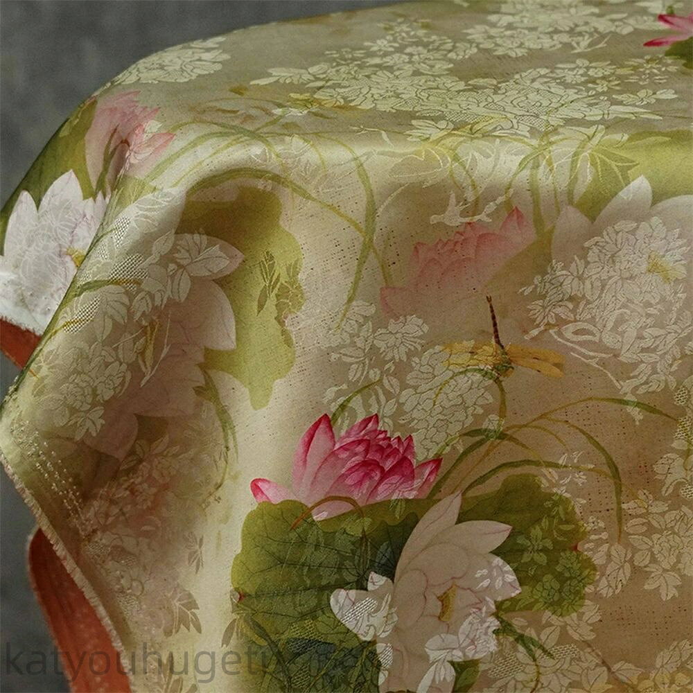 【時間限定10%OFFク一ポン】送料無料 137cm幅 90cm単位 生地 布 布地 プリント生地 シャンユンシャ 蓮花柄 ハス柄 グリーン ライトブラウン ピンク 楽天海外通販