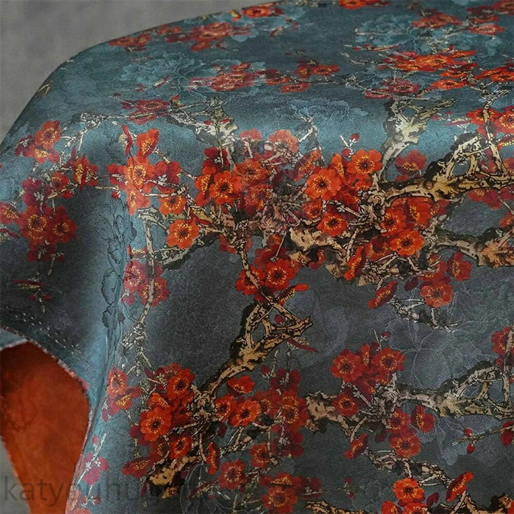 【時間限定10%OFFク一ポン】送料無料 137cm幅 90cm単位 生地 布 布地 プリント生地 シャンユンシャ 梅柄 レッド ブルー 楽天海外通販