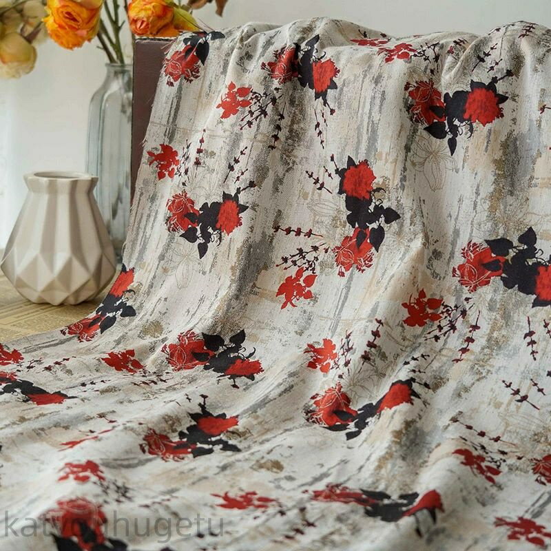 【時間限定10%OFFク一ポン】送料無料 150cm幅 90cm単位 ジャカード生地 生地 布 布地 色織り生地 花柄 レッド 黒 杏色 楽天海外通販