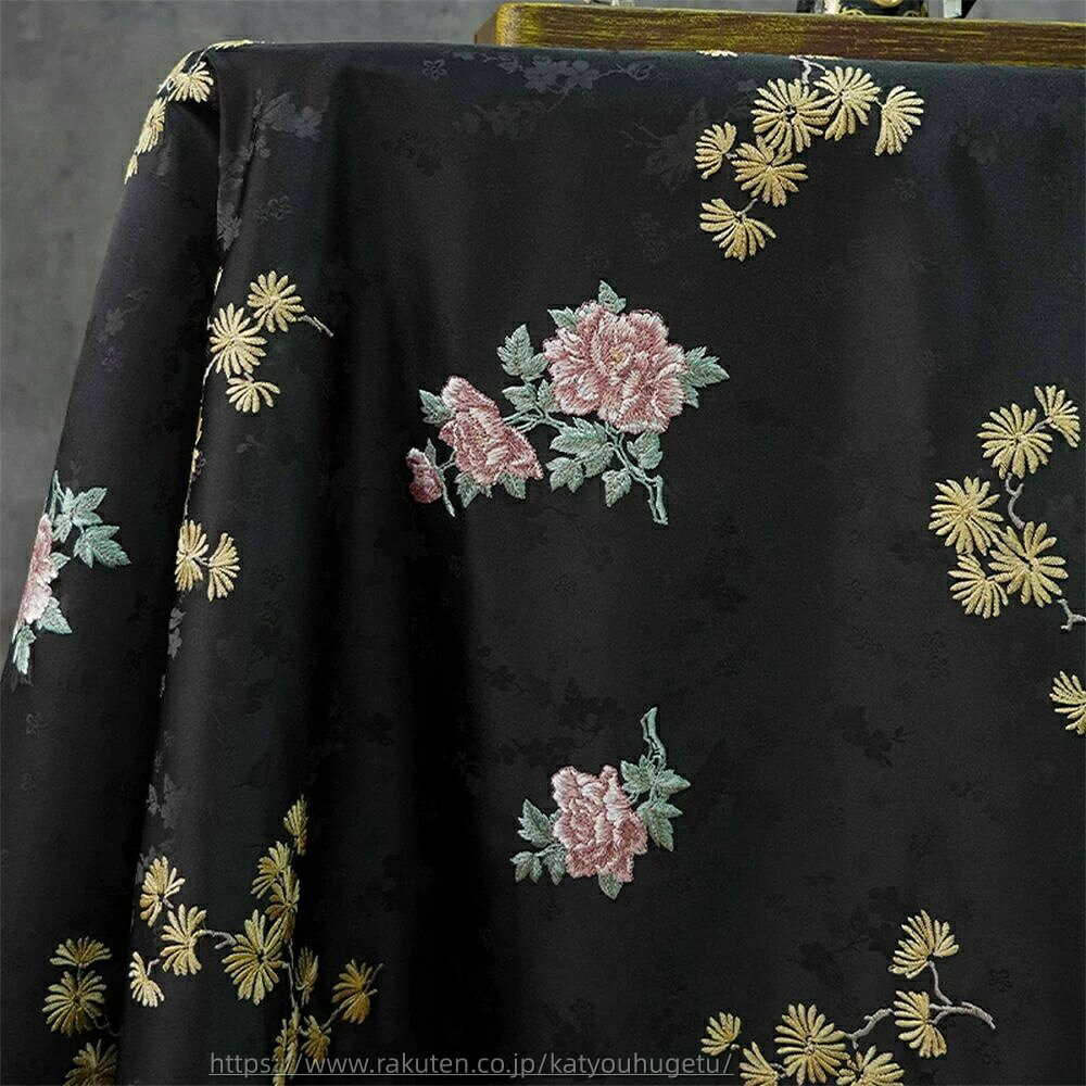 【時間限定10%OFFク一ポン】送料無料 145cm幅 90cm単位 ジャカード生地 生地 布 布地 色織り生地 宋錦風 刺繍 花柄生地 牡丹柄 ピンク グリーン 杏色 黒 楽天海外通販