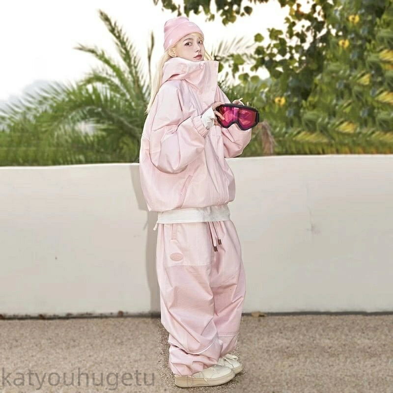 【時間限定10%OFFク一ポン】送料無料 スノーボードウェア スキーウェア スノボウェア レディース メンズ 上下セット セットアップ スノボジャケット 前開き アウター スノボパンツ ロングパンツ ボトムス ズボン ピンク ストライプ 楽天海外通販