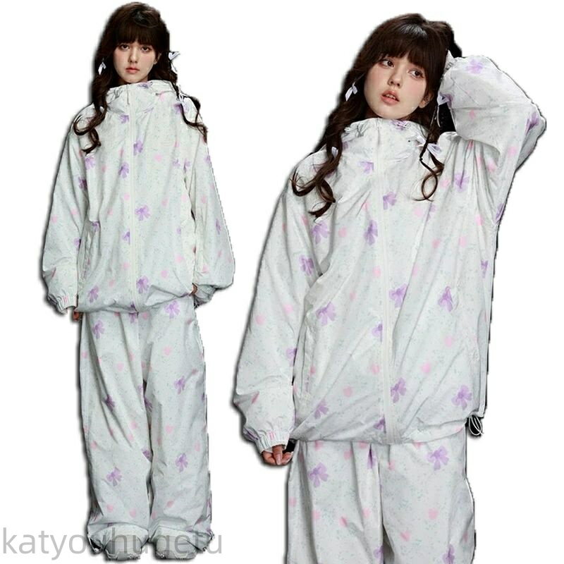 【時間限定10%OFFク一ポン】送料無料 スノーボードウェア スキーウェア スノボウェア レディース 上下セット セットアップ スノボジャケット 前開き アウター スノボパンツ ロングパンツ ボトムス ズボン パープル 白 かわいい リボン 蝶結び柄 裏ボア 3L 楽天海外通販